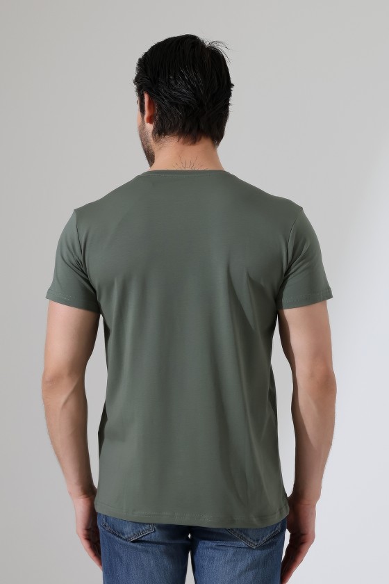 V Yaka Regular Fit Compact Pamuklu Esnek T-Shirt 19953 HAKİ