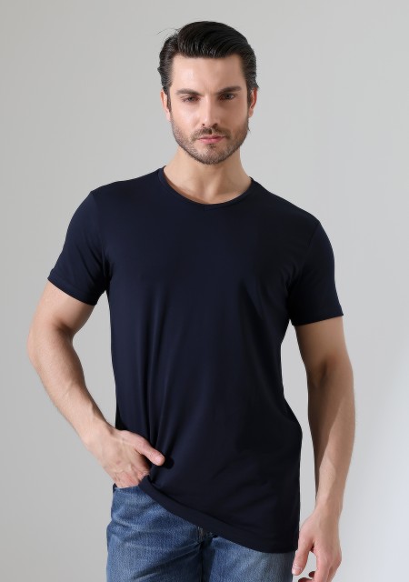 V Yaka Regular Fit Compact Pamuklu Esnek T-Shirt 19953 LACİVERT