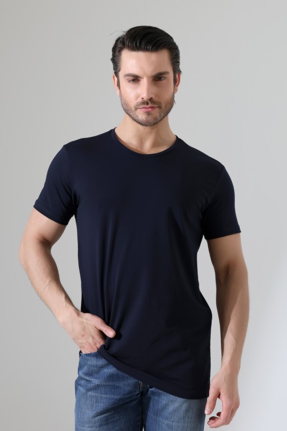 V Yaka Regular Fit Compact Pamuklu Esnek T-Shirt 19953 LACİVERT