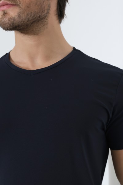 V Yaka Regular Fit Compact Pamuklu Esnek T-Shirt 19953 LACİVERT