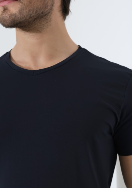 V Yaka Regular Fit Compact Pamuklu Esnek T-Shirt 19953 LACİVERT