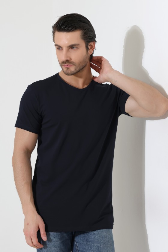V Yaka Regular Fit Compact Pamuklu Esnek T-Shirt 19953 LACİVERT