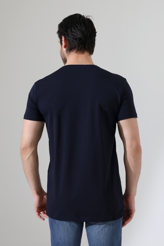 V Yaka Regular Fit Compact Pamuklu Esnek T-Shirt 19953 LACİVERT