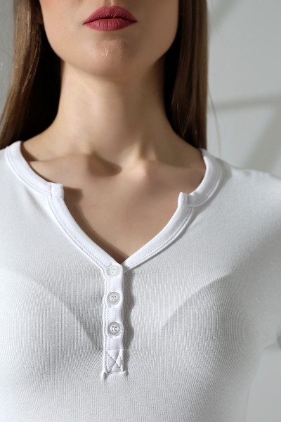 Düğmeli V Yaka Uzun Kollu Pamuklu Basic Kadın T-Shirt 21926 BEYAZ