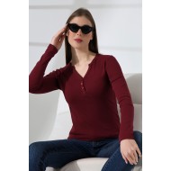 Düğmeli V Yaka Uzun Kollu Pamuklu Basic Kadın T-Shirt 21926 BORDO