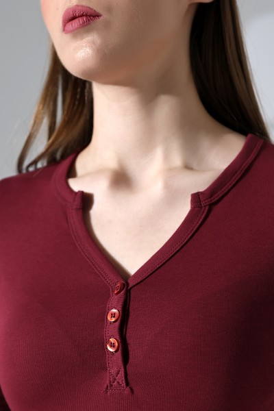 Düğmeli V Yaka Uzun Kollu Pamuklu Basic Kadın T-Shirt 21926 BORDO