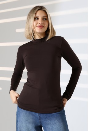 Yarım Balıkçı Kompakt Likralı Yaka Uzun Kol Bluz 19939 KAHVE