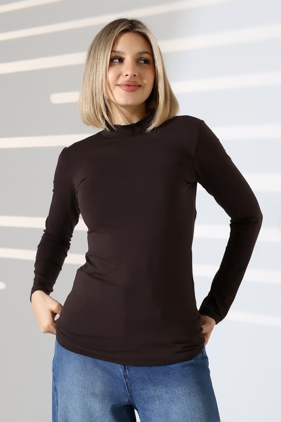 Yarım Balıkçı Kompakt Likralı Yaka Uzun Kol Bluz 19939 KAHVE