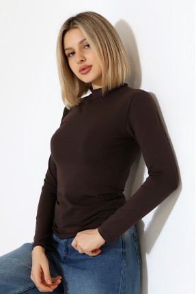 Yarım Balıkçı Kompakt Likralı Yaka Uzun Kol Bluz 19939 KAHVE