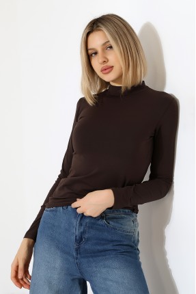 Yarım Balıkçı Kompakt Likralı Yaka Uzun Kol Bluz 19939 KAHVE