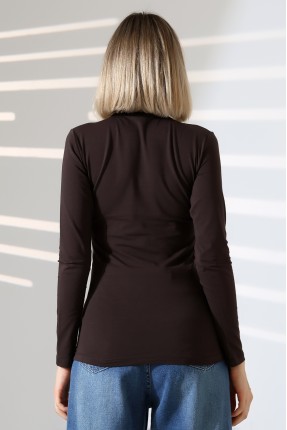 Yarım Balıkçı Kompakt Likralı Yaka Uzun Kol Bluz 19939 KAHVE