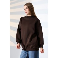 Yarım Balıkçı Yaka Oversize Geniş Kesim Pamuklu Yumuşak Dokulu Basic Kadın Tunik Sweatshirt 21910 KAHVE