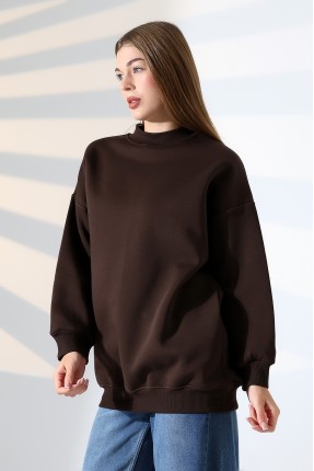 Yarım Balıkçı Yaka Oversize Geniş Kesim Pamuklu Yumuşak Dokulu Basic Kadın Tunik Sweatshirt 21910 KAHVE