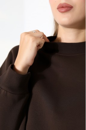 Yarım Balıkçı Yaka Oversize Geniş Kesim Pamuklu Yumuşak Dokulu Basic Kadın Tunik Sweatshirt 21910 KAHVE