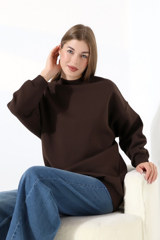 Yarım Balıkçı Yaka Oversize Geniş Kesim Pamuklu Yumuşak Dokulu Basic Kadın Tunik Sweatshirt 21910 KAHVE