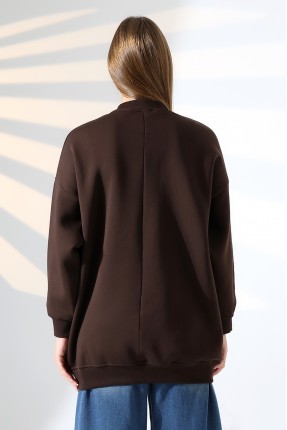 Yarım Balıkçı Yaka Oversize Geniş Kesim Pamuklu Yumuşak Dokulu Basic Kadın Tunik Sweatshirt 21910 KAHVE
