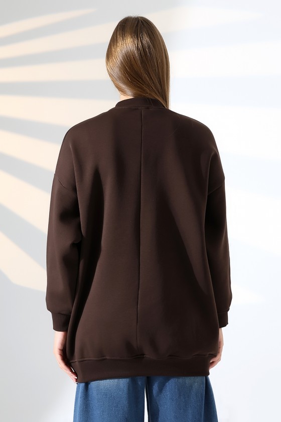 Yarım Balıkçı Yaka Oversize Geniş Kesim Pamuklu Yumuşak Dokulu Basic Kadın Tunik Sweatshirt 21910 KAHVE