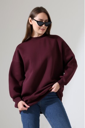 Yarım Balıkçı Yaka Oversize Geniş Kesim Pamuklu Yumuşak Dokulu Basic Kadın Tunik Sweatshirt 21910 MÜRDÜM