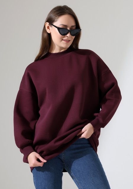 Yarım Balıkçı Yaka Oversize Geniş Kesim Pamuklu Yumuşak Dokulu Basic Kadın Tunik Sweatshirt 21910 MÜRDÜM