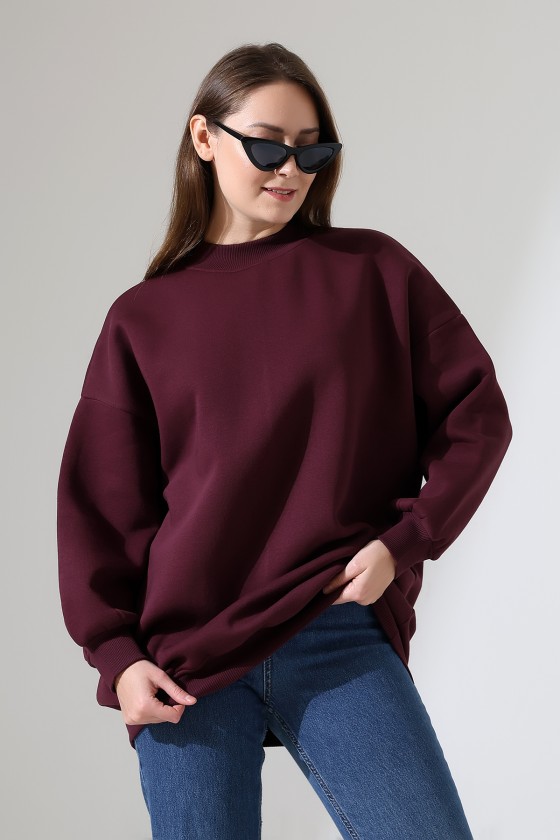 Yarım Balıkçı Yaka Oversize Geniş Kesim Pamuklu Yumuşak Dokulu Basic Kadın Tunik Sweatshirt 21910 MÜRDÜM