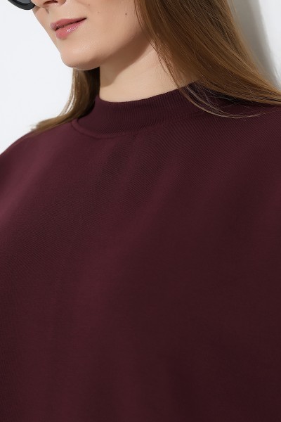 Yarım Balıkçı Yaka Oversize Geniş Kesim Pamuklu Yumuşak Dokulu Basic Kadın Tunik Sweatshirt 21910 MÜRDÜM
