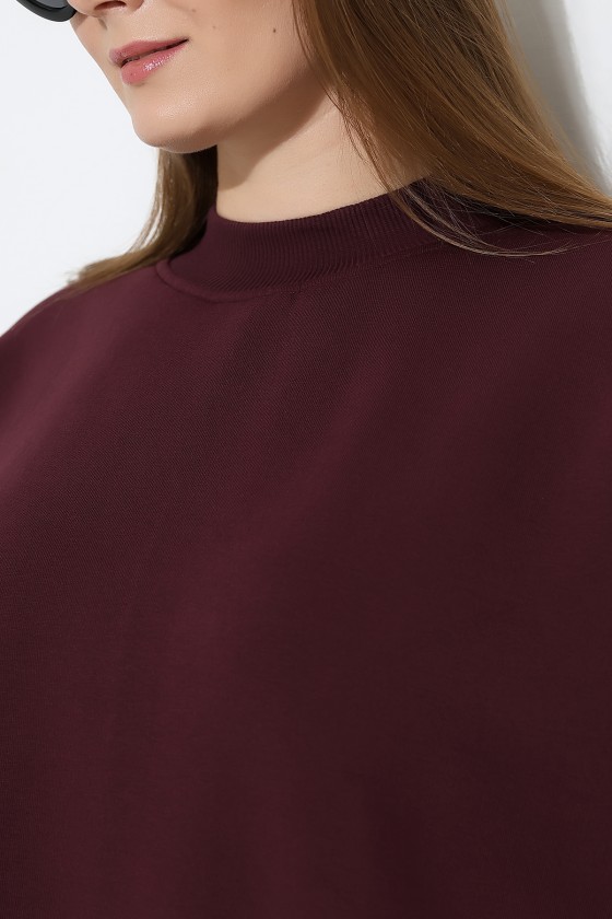 Yarım Balıkçı Yaka Oversize Geniş Kesim Pamuklu Yumuşak Dokulu Basic Kadın Tunik Sweatshirt 21910 MÜRDÜM