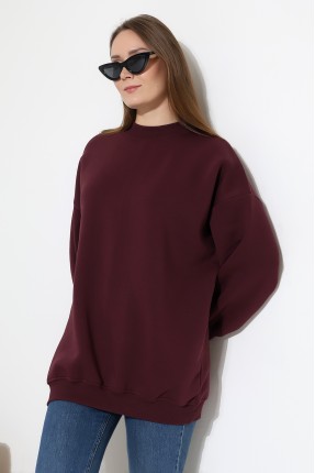 Yarım Balıkçı Yaka Oversize Geniş Kesim Pamuklu Yumuşak Dokulu Basic Kadın Tunik Sweatshirt 21910 MÜRDÜM