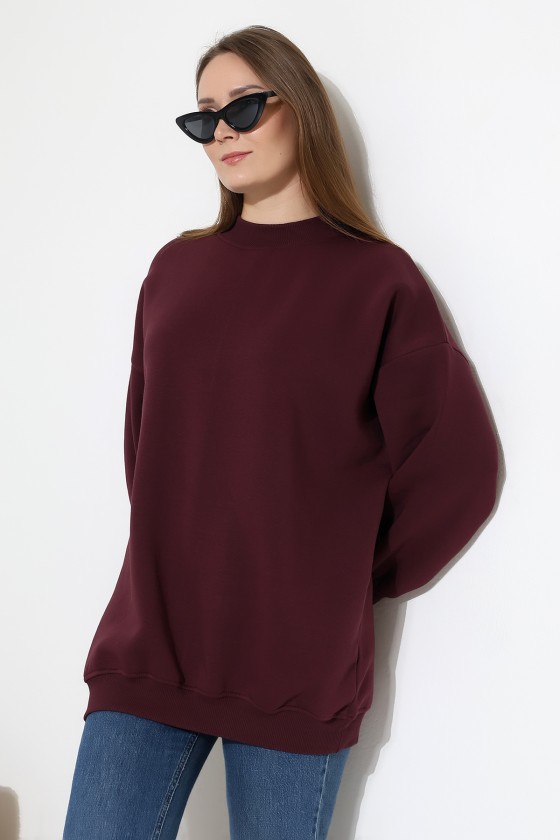 Yarım Balıkçı Yaka Oversize Geniş Kesim Pamuklu Yumuşak Dokulu Basic Kadın Tunik Sweatshirt 21910 MÜRDÜM