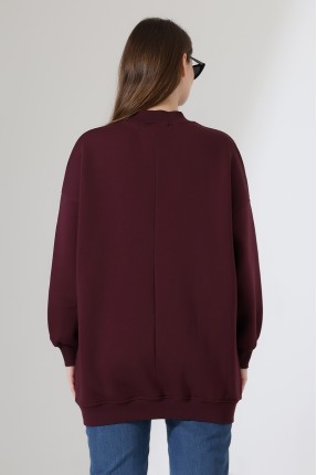 Yarım Balıkçı Yaka Oversize Geniş Kesim Pamuklu Yumuşak Dokulu Basic Kadın Tunik Sweatshirt 21910 MÜRDÜM