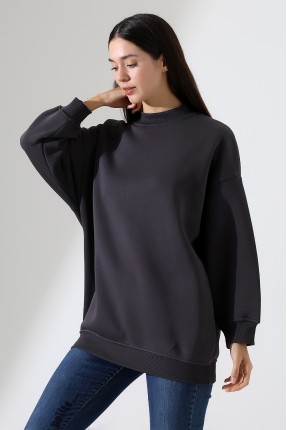 Yarım Balıkçı Yaka Şardonlu Salaş Basic Kadın Oversize Tunik Sweatshirt 21910 FÜME