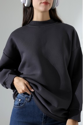 Yarım Balıkçı Yaka Şardonlu Salaş Basic Kadın Oversize Tunik Sweatshirt 21910 FÜME