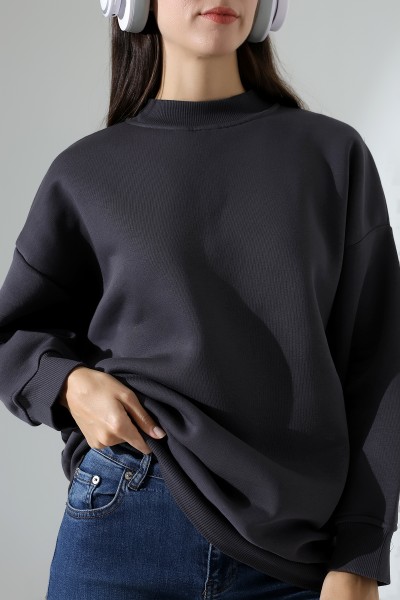 Yarım Balıkçı Yaka Oversize Geniş Kesim Pamuklu Yumuşak Dokulu Basic Kadın Tunik Sweatshirt 21910 FÜME