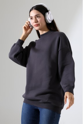 Yarım Balıkçı Yaka Şardonlu Salaş Basic Kadın Oversize Tunik Sweatshirt 21910 FÜME
