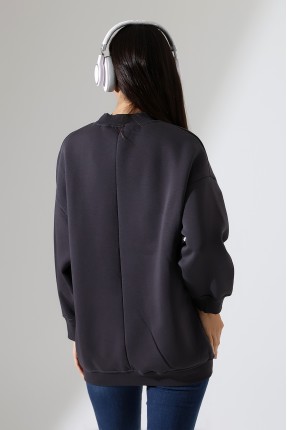 Yarım Balıkçı Yaka Şardonlu Salaş Basic Kadın Oversize Tunik Sweatshirt 21910 FÜME