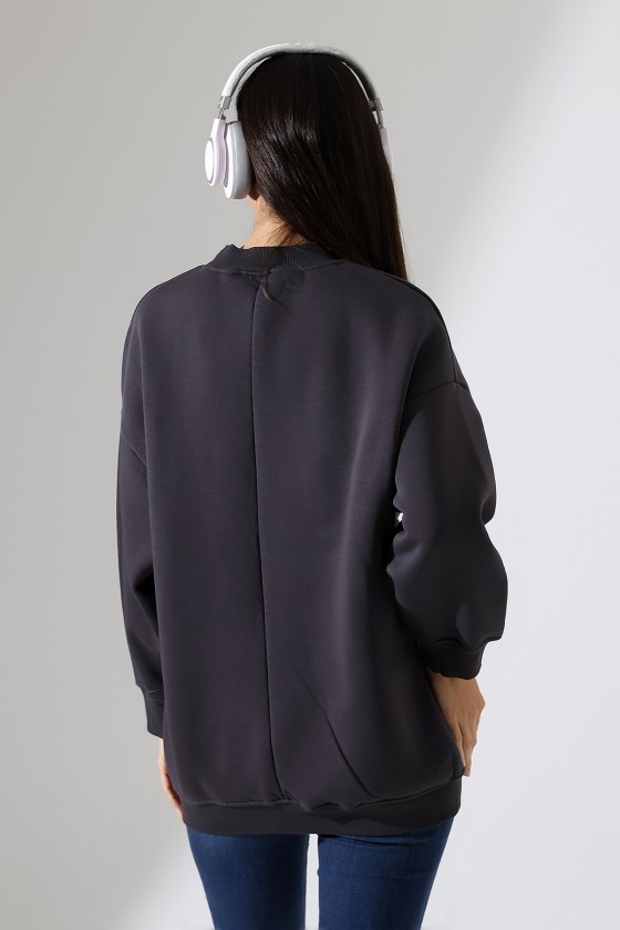 Yarım Balıkçı Yaka Şardonlu Salaş Basic Kadın Oversize Tunik Sweatshirt 21910 FÜME