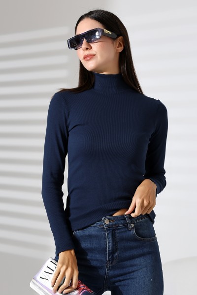 Yarım Balıkçı Yaka Uzun Kol Kaşkorse Bluz 20535 LACİVERT