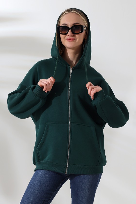 Şardonlu Fermuarlı Kapüşonlu Oversize Sweatshirt 21618 YEŞİL